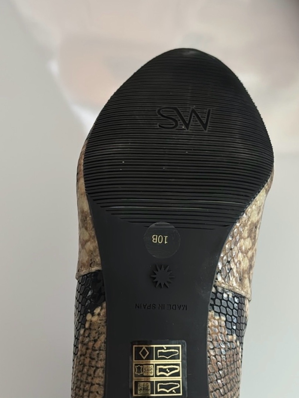 Stuart Weitzman Tan and Black Leather Snake-Print Block Heel Ankle Boots - Picture 8 of 8